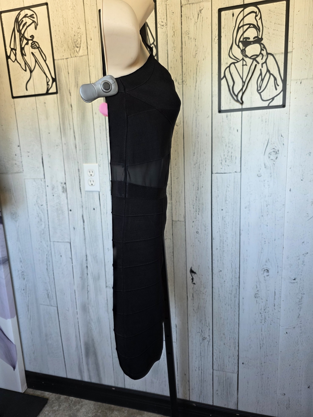 Bebe Black Bandage Bodycon Mini Dress Mesh Cutout Size M Date Night Going Out - Picture 3 of 13